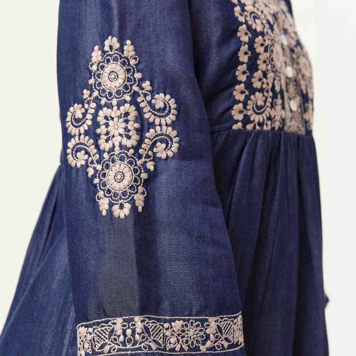 rockflowerpaper - Wholesale Tunic - Women's - DENIM TENCEL Tunic with Tan Embroidery