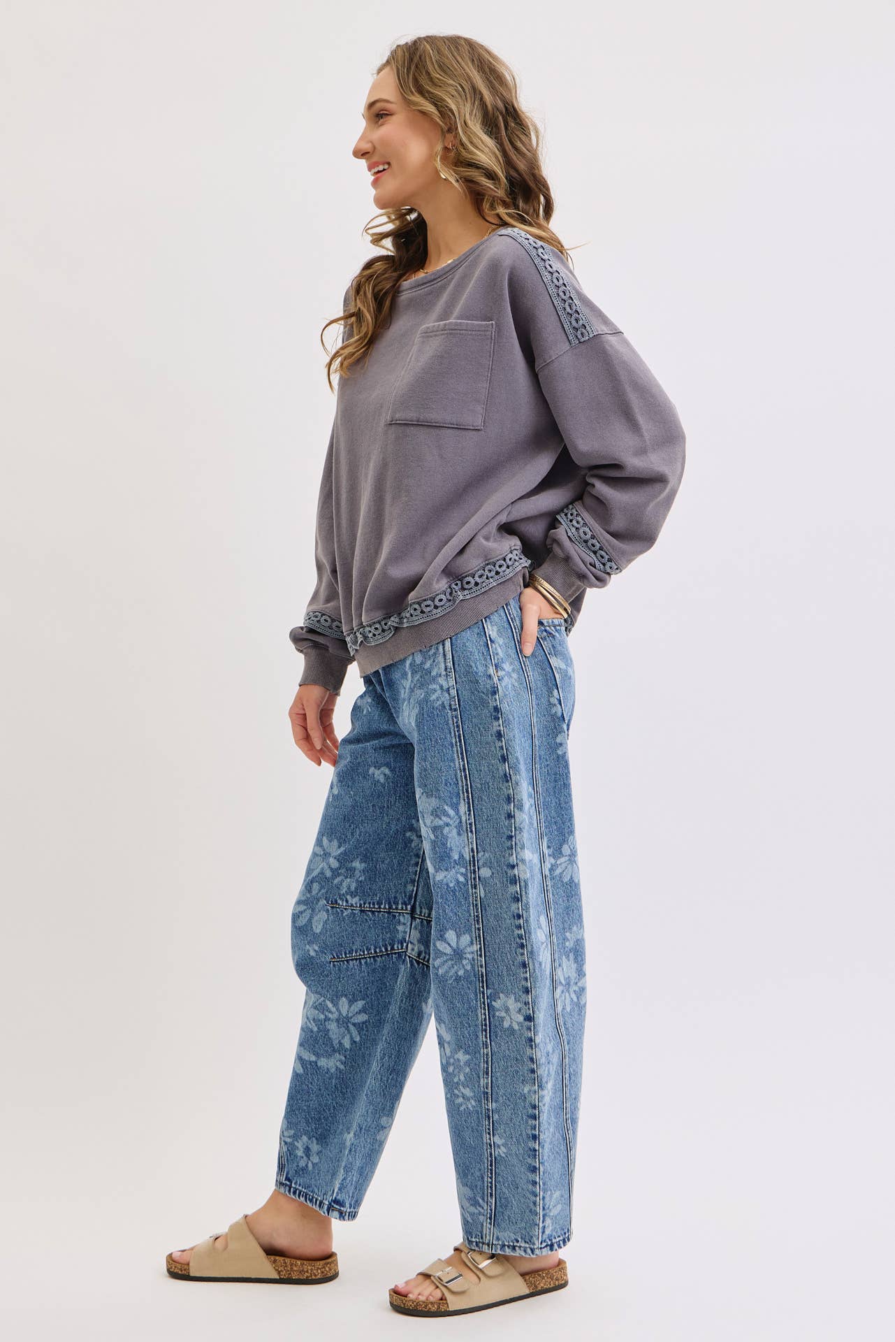 FLORAL PRINT DENIM BARREL JEANS for wholesale on Faire20