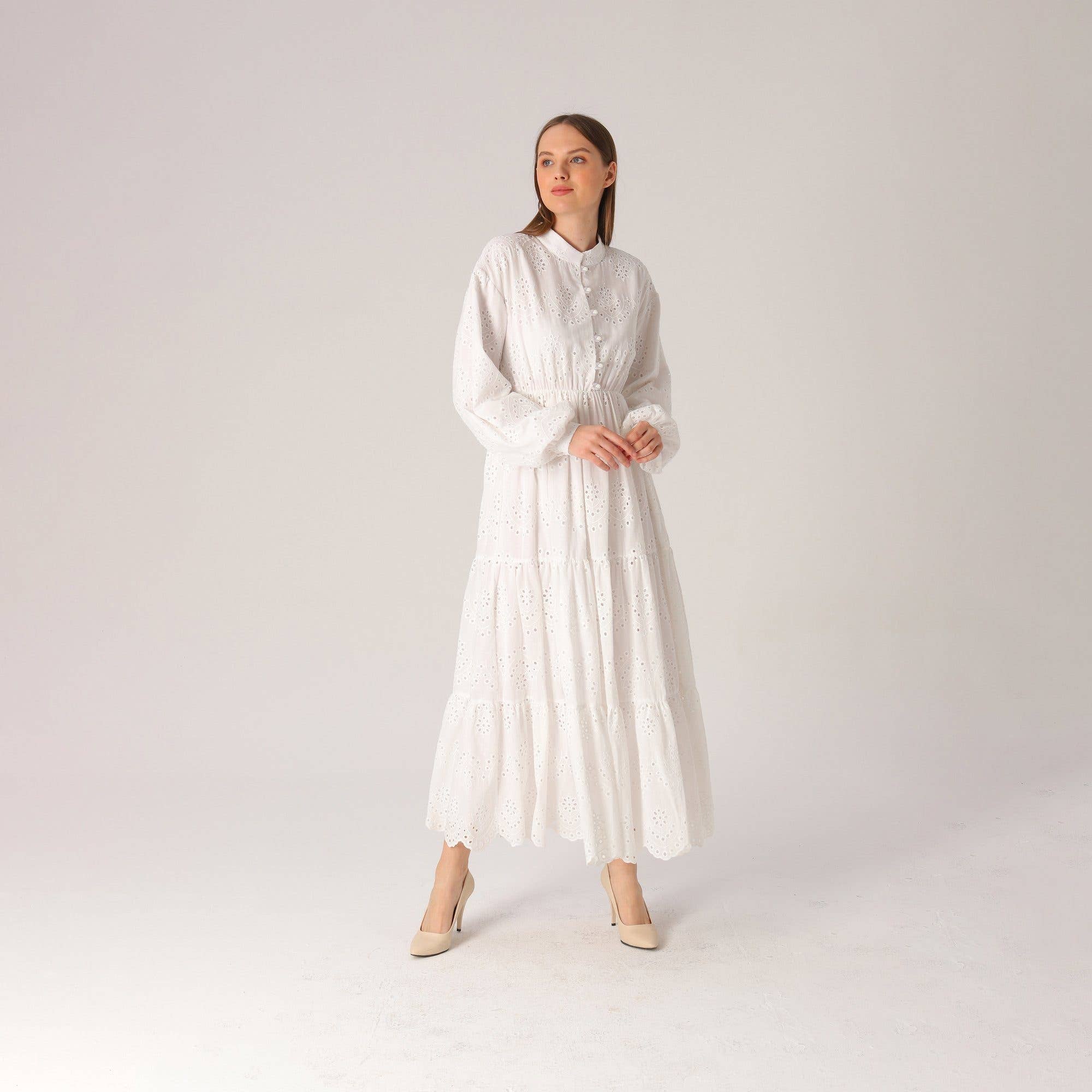 Modest White Long Sleeve Eyelet Maxi Dress for wholesale on Faire6