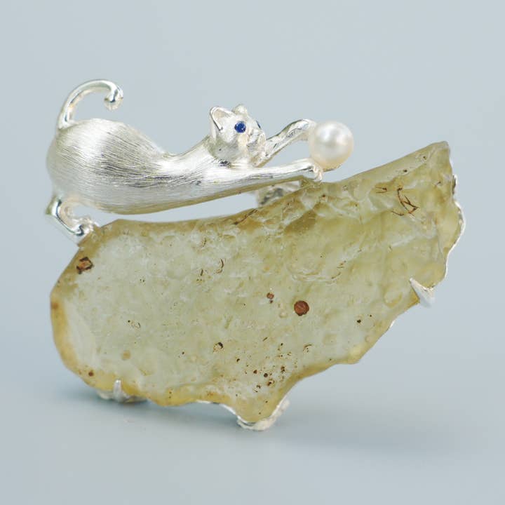 Libyan Desert Glass Cat Pendant Brooch | 925 Silver Fairy Jewelry Gift for Her for wholesale by idjewelry