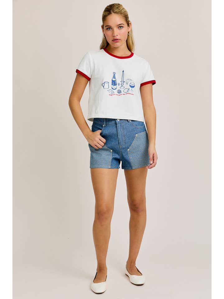 WHITE RED SUNDAYS ARE MADE FOR CROISSANTS CONTRAST TRIM BABY TEE for wholesale on Faire