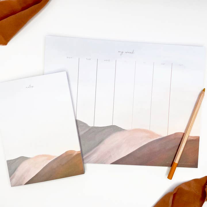 Pink Hills Weekly Planner Pad for wholesale by Maija Rebecca Hand Drawn