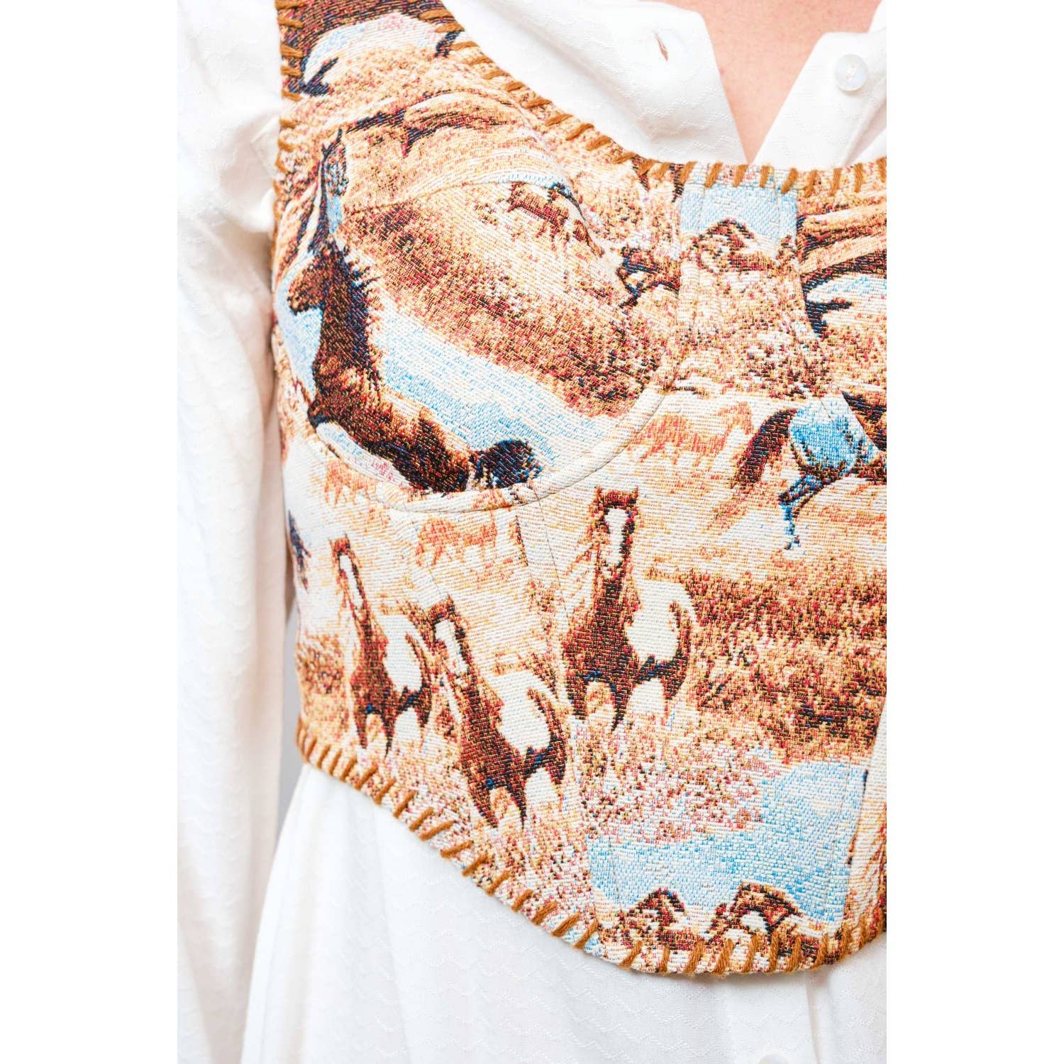 BROWN MULTI Western Horse Jacquard Stitch Detail Corset for wholesale on Faire8