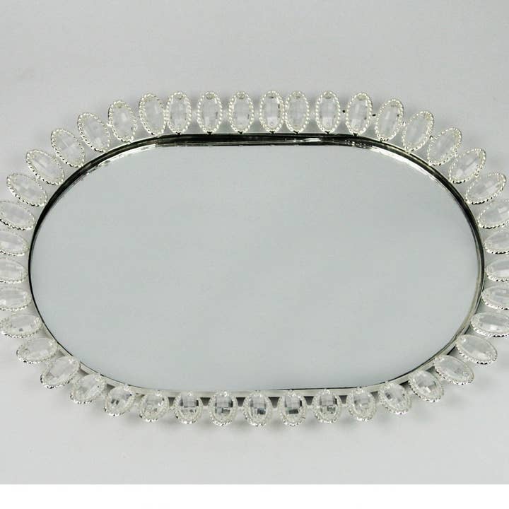 Silver Metal Wedding Oval Crystal Embellished Serving Tray for wholesale by Decor N Beyond