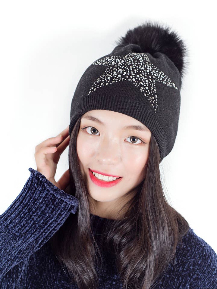 JCH307004 Black & Sliver Star Cashmere-Blend Beanie for wholesale by JC Sunny Fashion
