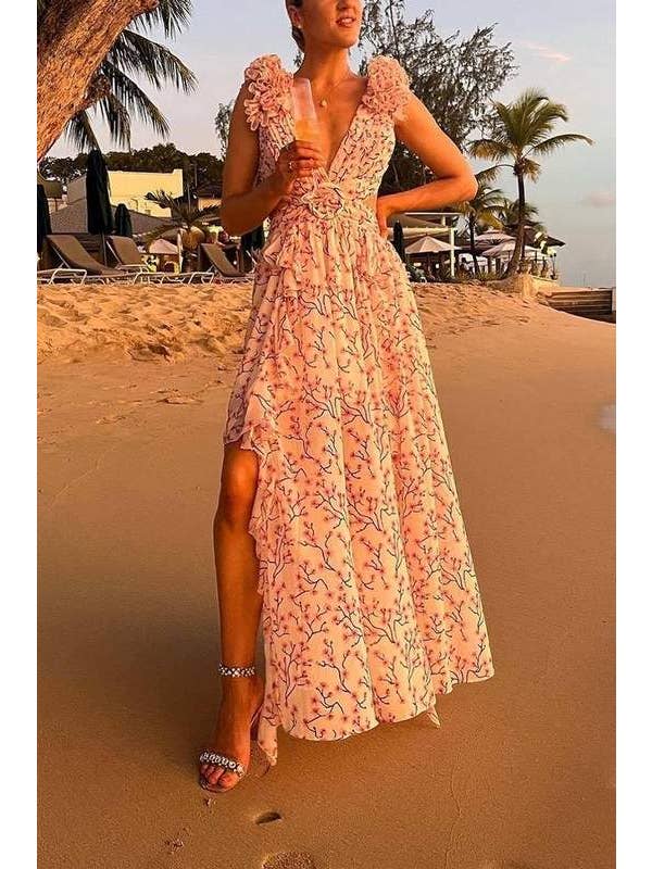 Queen Fashion - Wholesale Blouse - Women's - floral maxi dress with flutter sleeves10