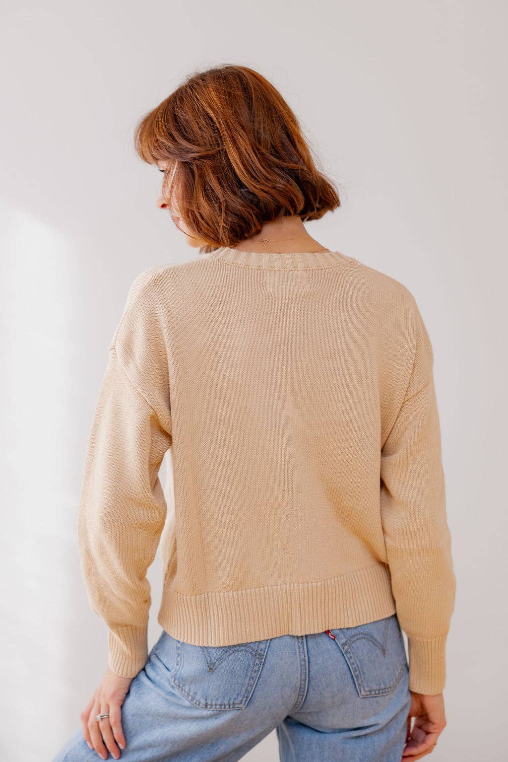 Beige Oatmeal(Beige) Whipstitch American Flag Cotton Crewneck Sweater for wholesale on Faire1