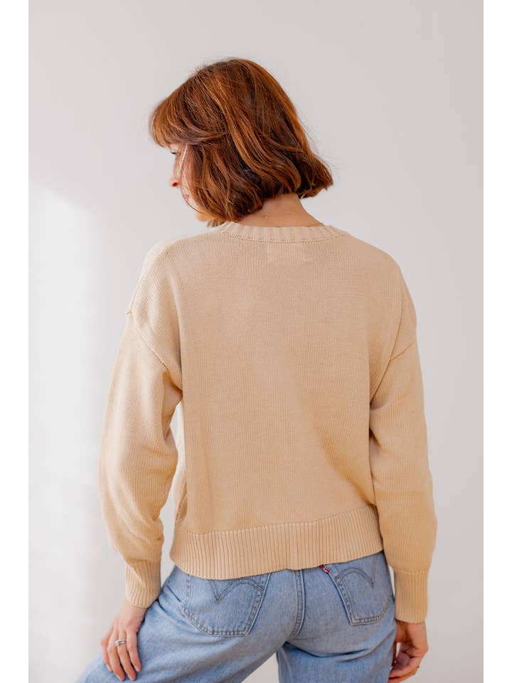 Beige Oatmeal(Beige) Whipstitch American Flag Cotton Crewneck Sweater for wholesale on Faire1