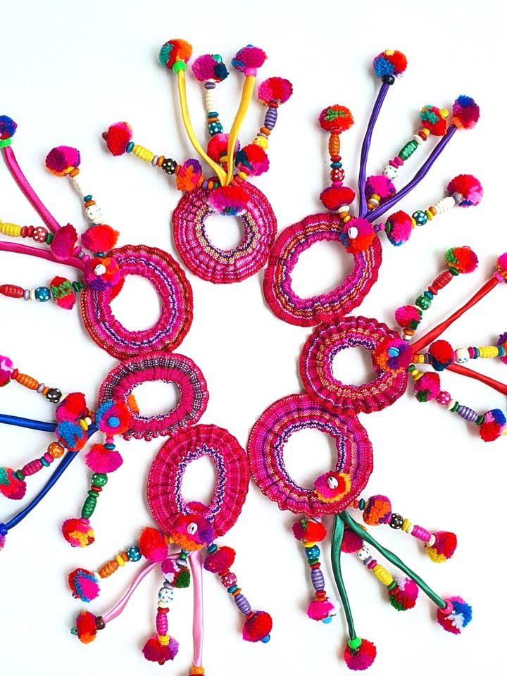 Folk Pom Pom Hair Tie Boho Style for wholesale by Beige & Co Thai Crafts
