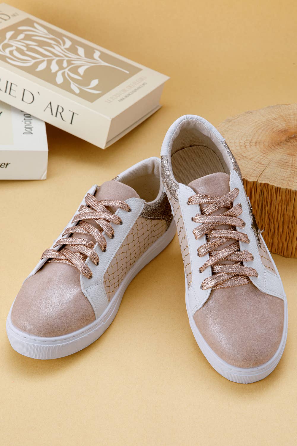 1 the Woman - Wholesale Lifestyle Sneakers - Women's - Glitter Star Patchwork PU Leather Lace-up Sneakers9