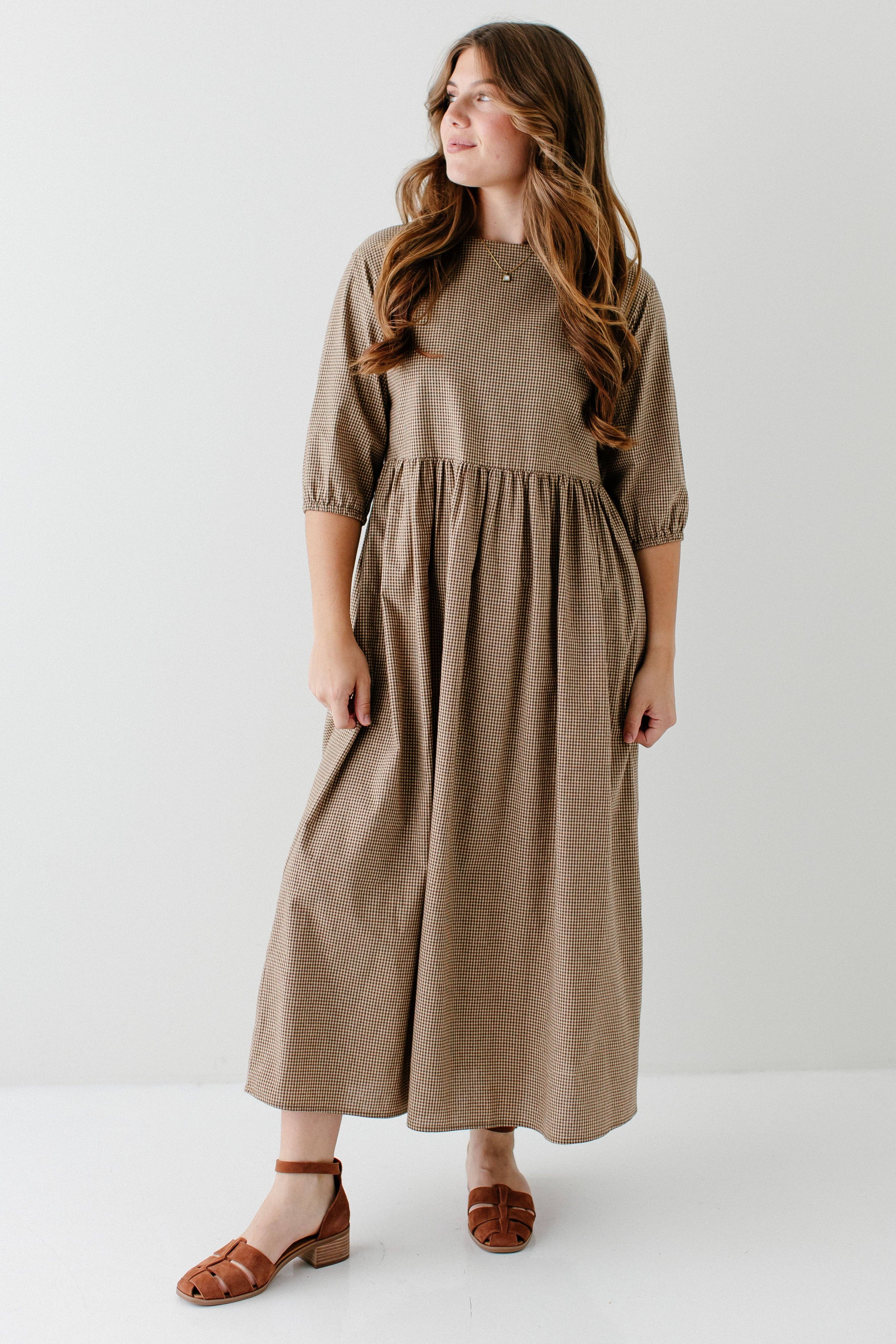 Brown 'Beth' Cotton Gingham Maxi Dress for wholesale on Faire5