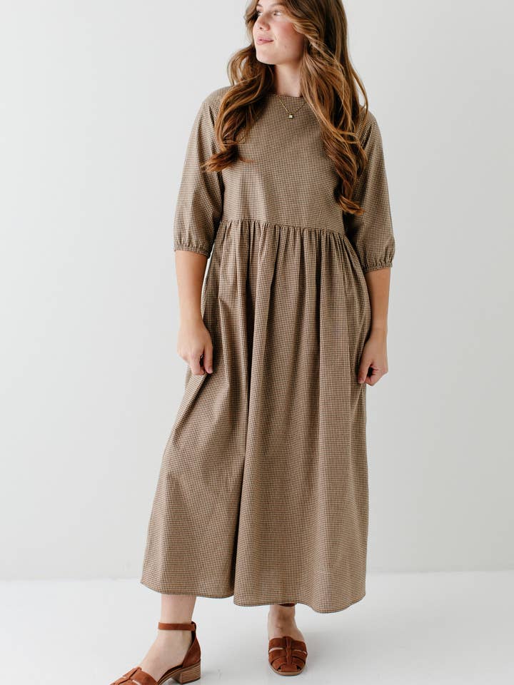 Brown 'Beth' Cotton Gingham Maxi Dress for wholesale on Faire5