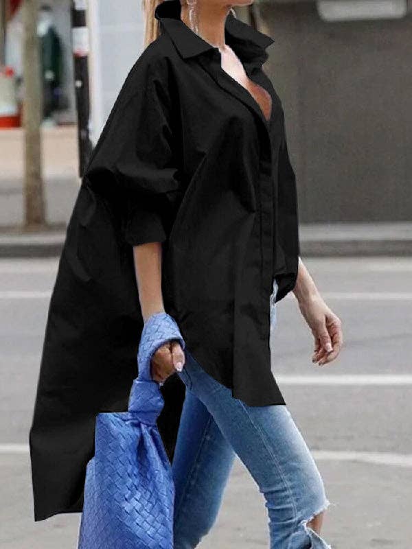 Sheer Trend - Wholesale Button Down Shirt - Women's - Urban Long Sleeves High-Low Solid Color Lapel Blouse Top