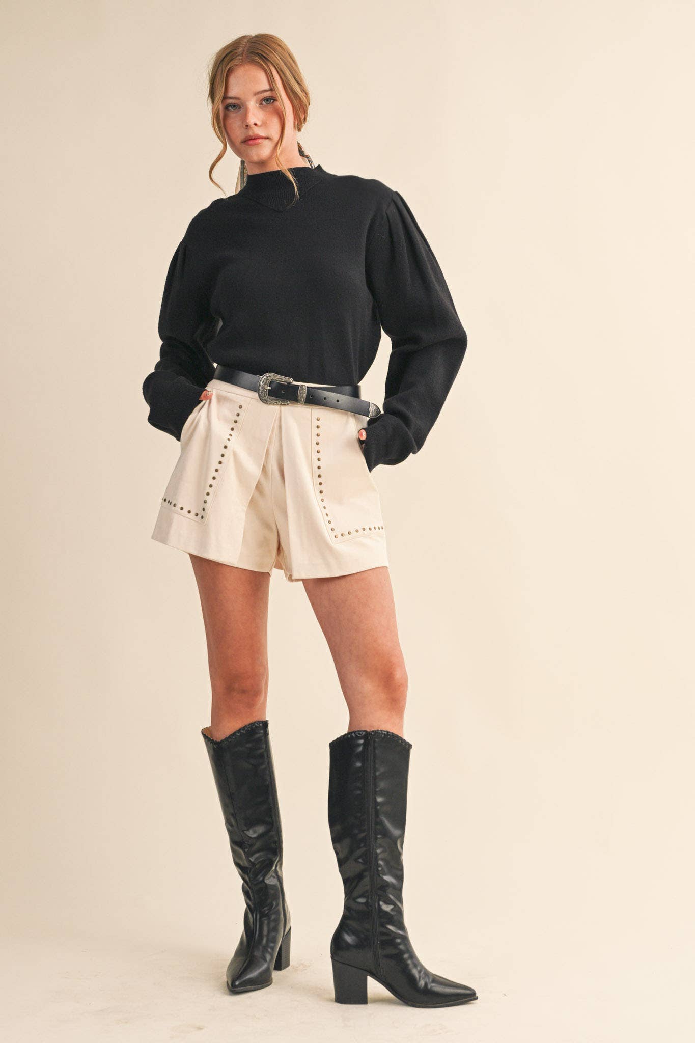 &MERCI - Wholesale Knit Sweater - Women's - MOCK NECK PUFF SLEEVE SWEATER MSW1103049