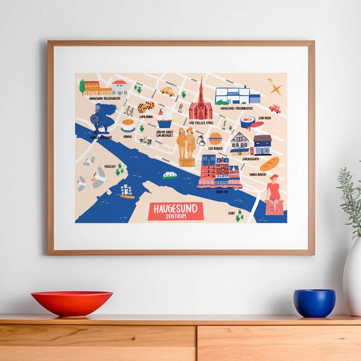 Carte illustrée de Haugesund - Affiche d'art de voyage en Norvège pour la vente par Kelley Studios