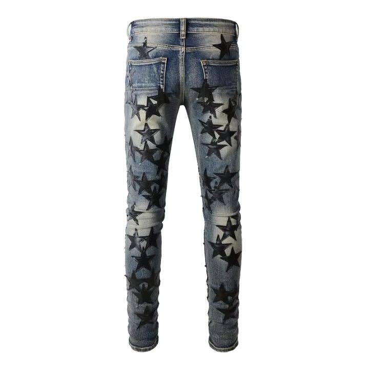 Men's Light Blue Ripped Denim Pants with Black Star Patchwork for wholesale on Faire