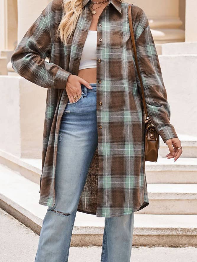 UNISHE - Wholesale Shirt Jacket/Shacket - Women's - Plaid Button Up Long Length Blouse Jacket MD1003