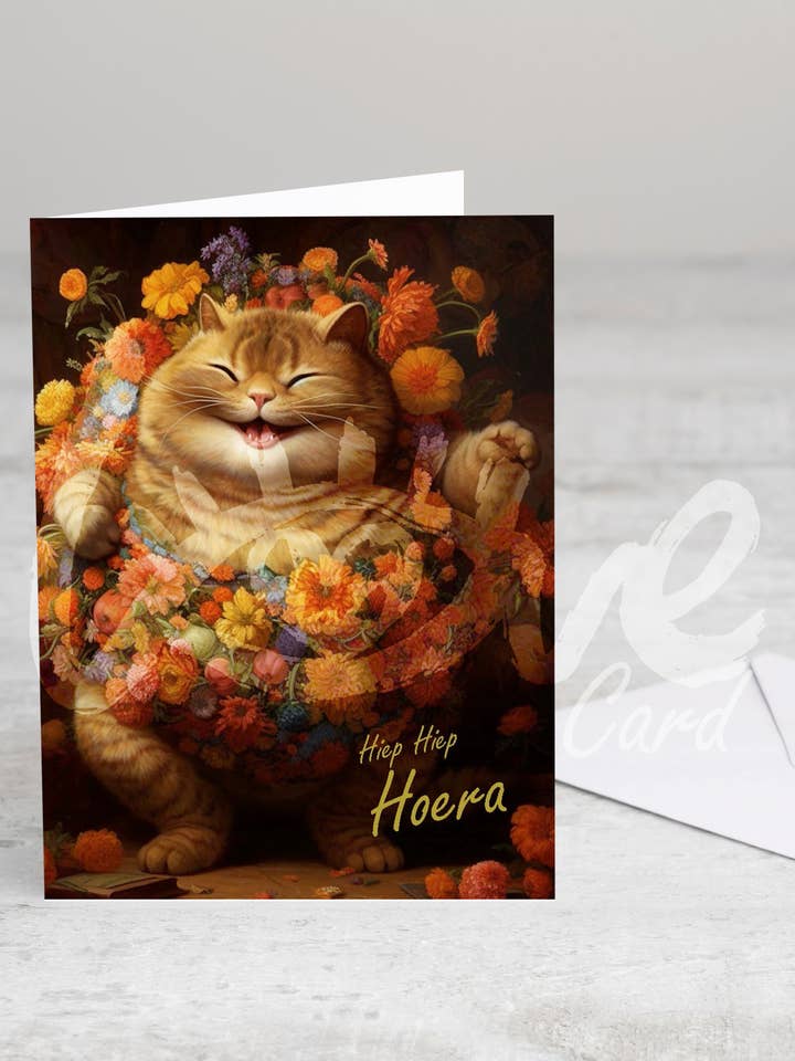 Biglietto di auguri piegato 'Evviva' senza busta per la vendita all'ingrosso da parte di Meow & Muse