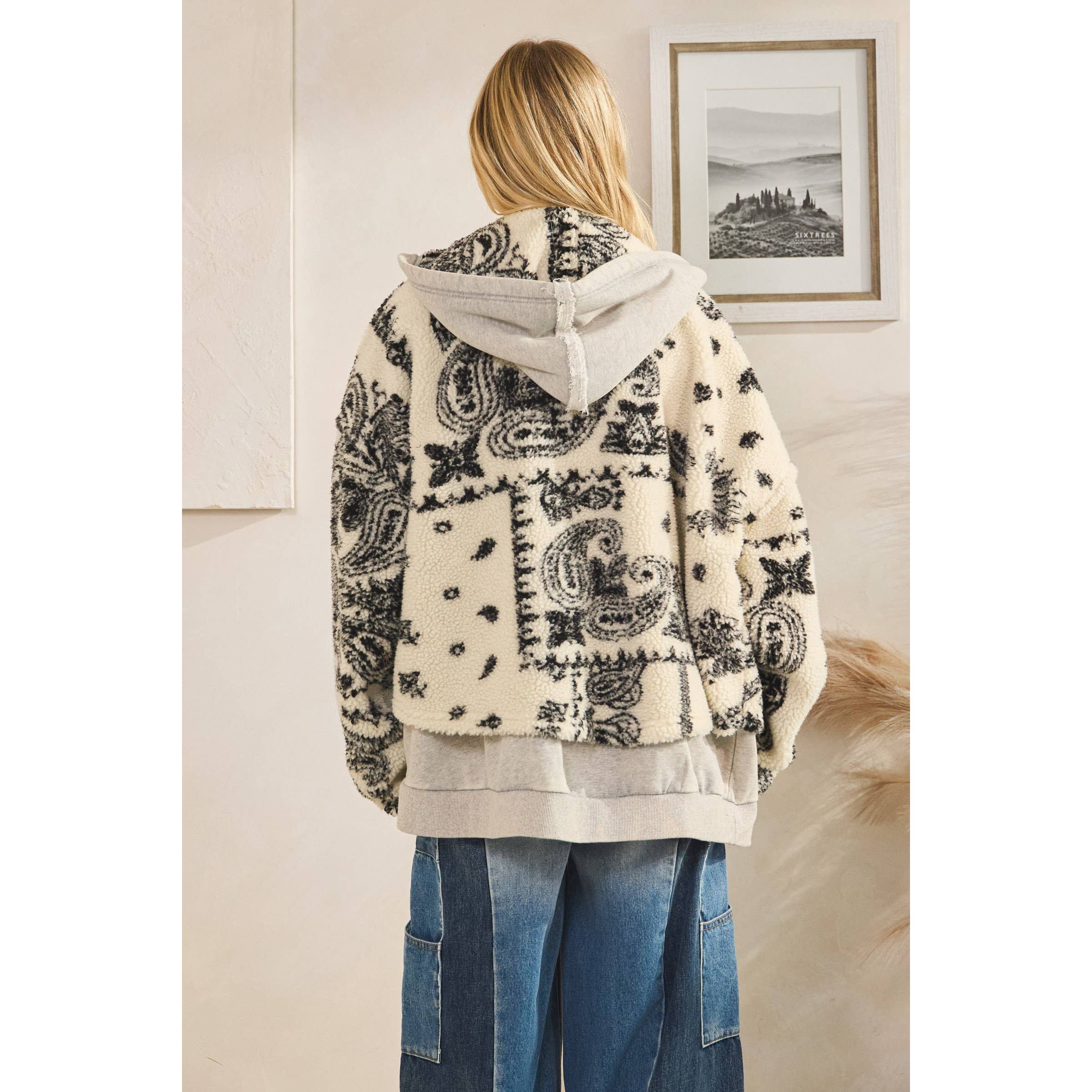 GREY CREAM TERRY FLEECE MIX ZIP FRONT JACKET for wholesale on Faire9