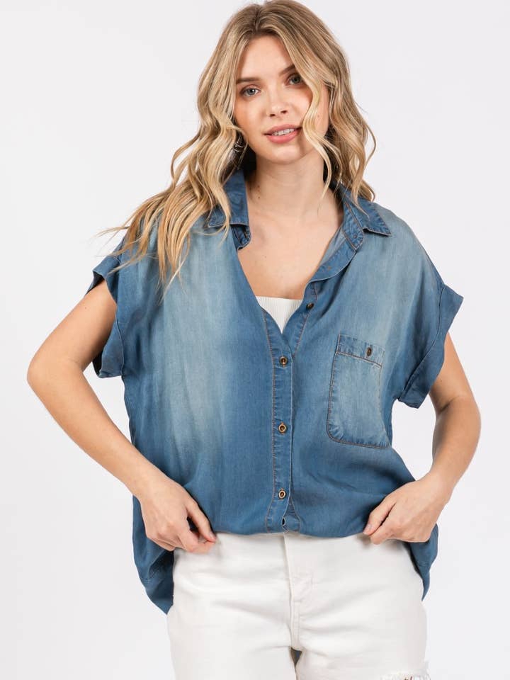 ZiA Apparel - Vente Chemise à col boutonné – femme - Chemise à manches courtes retroussées lavée