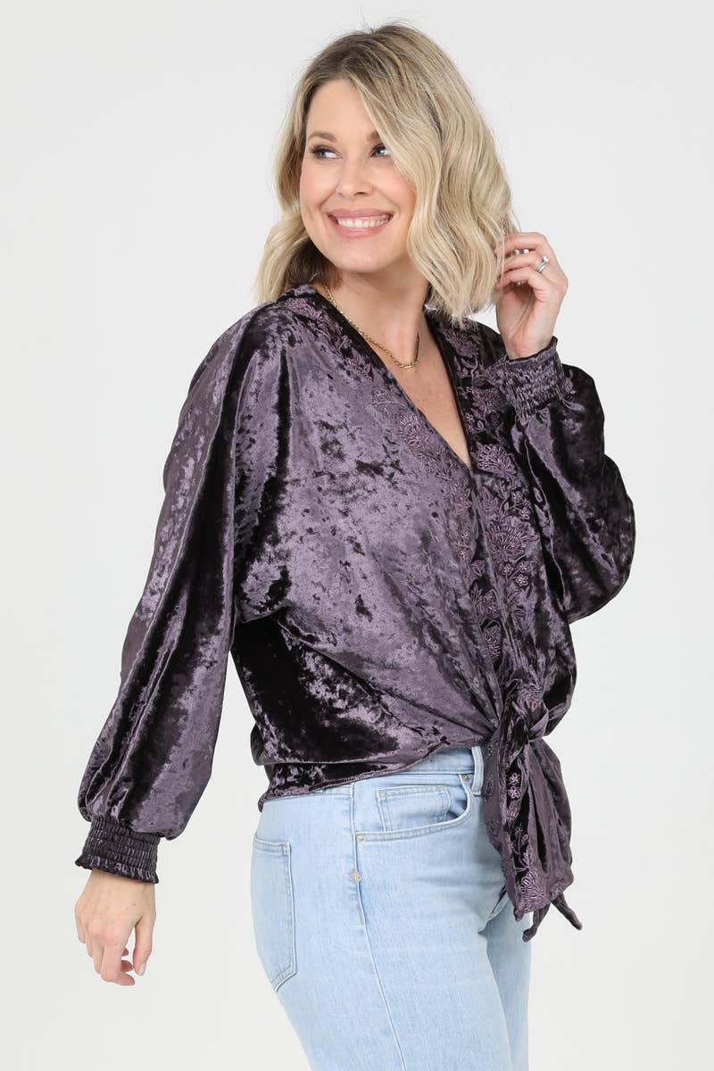 Nostalgia - Wholesale Blouse - Women's - E2V75-ASIS CRUSHED VELVET V NECK EMBROIDERED TIE WAIST TOP14