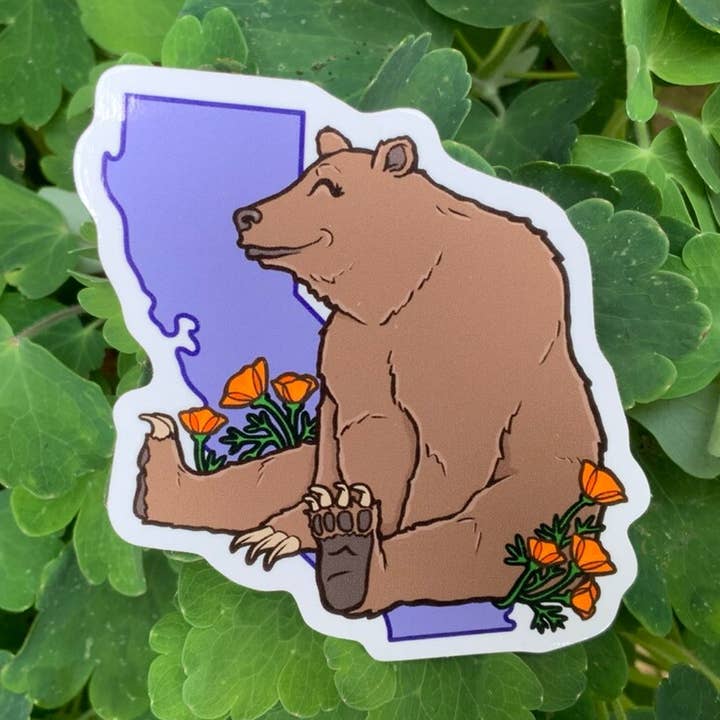 Sticker - California State Grizzly Bear and Poppy for wholesale by Thruhalia's Art