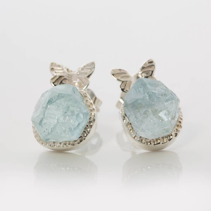 Aquamarine Raw Gemstone Earrings, Butterfly Stud - Sia for wholesale by Koko