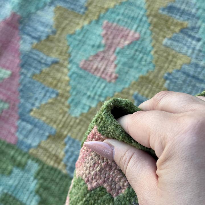 The Rug Mine - Wholesale Area Rug - 3x5 (91x152) Handmade Afghan Kilim Rug | Forest Moss Olive Green Teal Denim Baby Blue Baby Blush Pink Cream White | Wool Flataweave Modern3