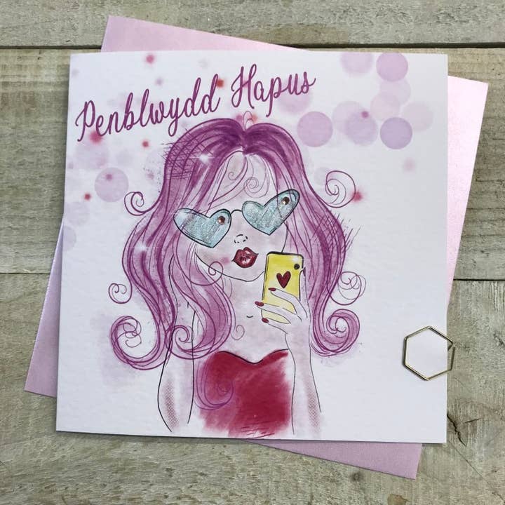 White Cotton Cards - Wholesale Birthday Card - Welsh Card - Girl with Phone (W-R103)