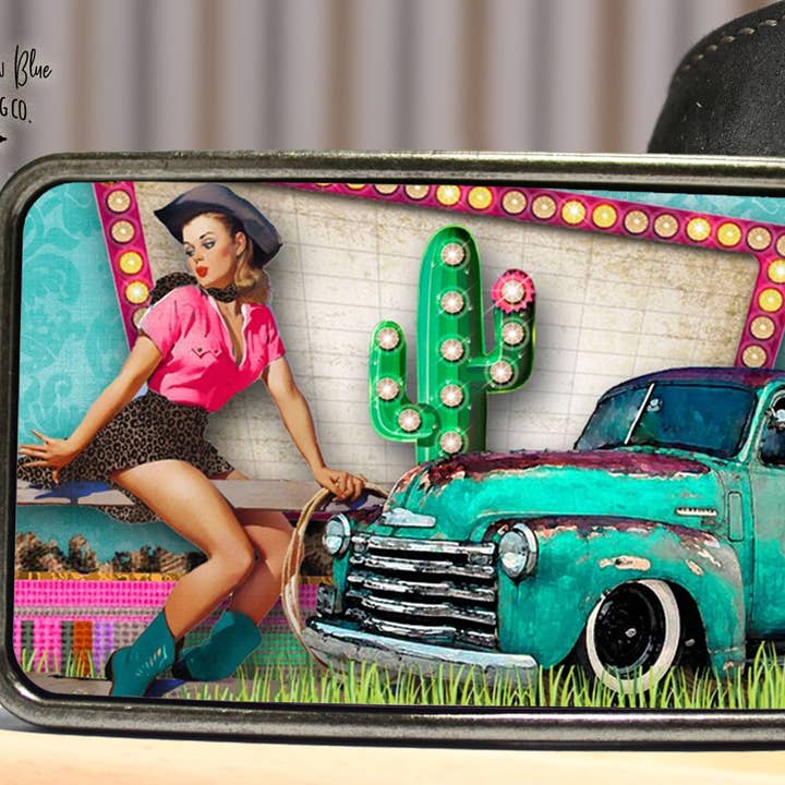 Retro Ropin' Cowgirl Belt Buckle for wholesale by Bungalow Blue Trading Co
