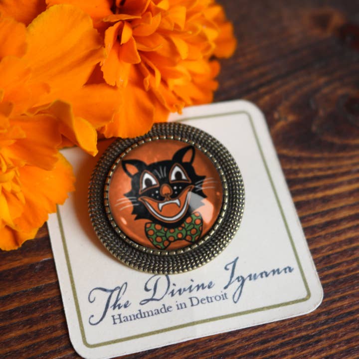 The Divine Iguana - Wholesale Brooch - Retro Cat Vintage Halloween Glass Cabochon and Bronze Brooch4