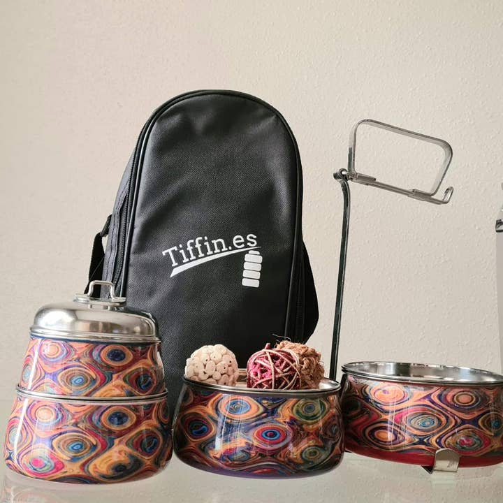 Bedrucktes Design Pyramide Tiffin Edelstahl-Behälter3 für den Großhandel von Tiffin Spain