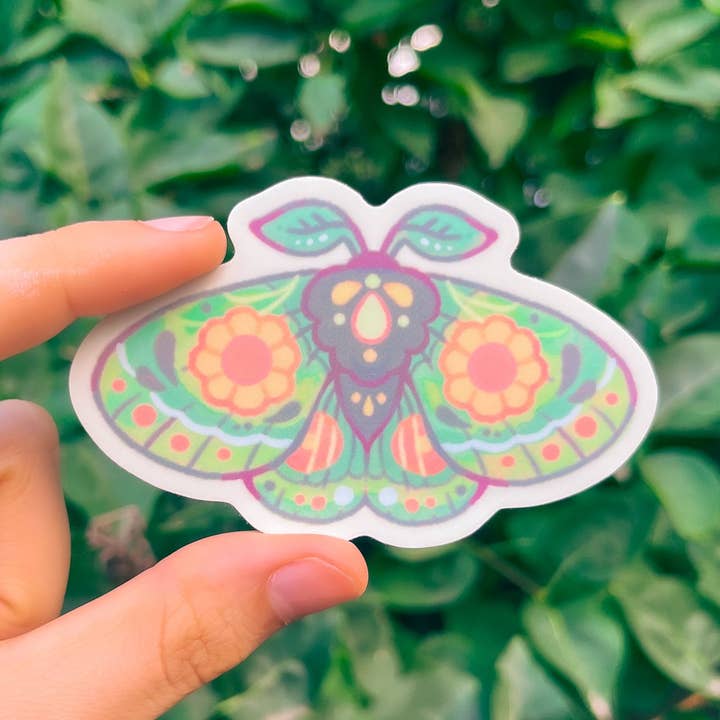 Moss Moth Sticker for wholesale by Rowan Kingsbury
