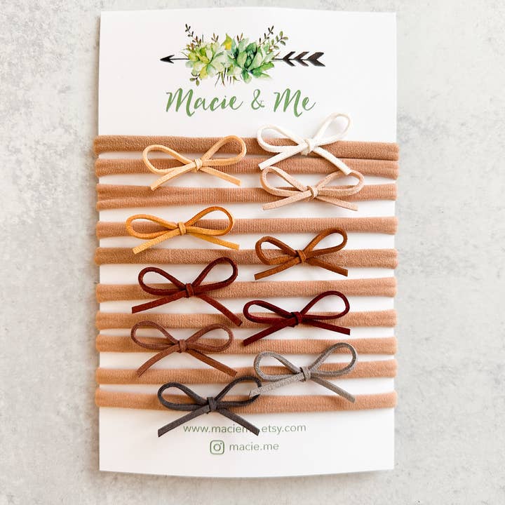 Earth Tones Neutral Set of Suede Tied Bows on Headbands for wholesale by Macie & Me