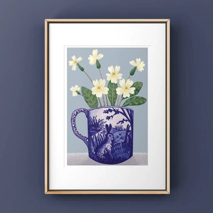 Primroses in Rabbit Cup Print for wholesale by Susie Hamilton Art