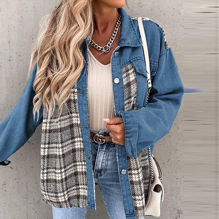 Denim shacket met ruitpatroon en lange mouwen voor wholesale door SALINA TRADING INC