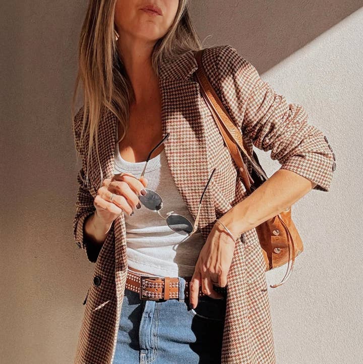 Brown Houndstooth Lapel Collar Blazer for wholesale by Azzurro