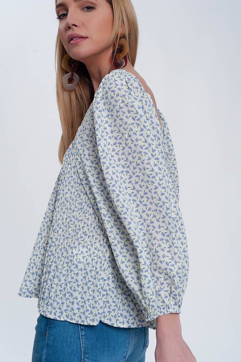 Azul Top manga puff con cuello cuadrado en estampado floral azul de venta al por mayor en Faire3