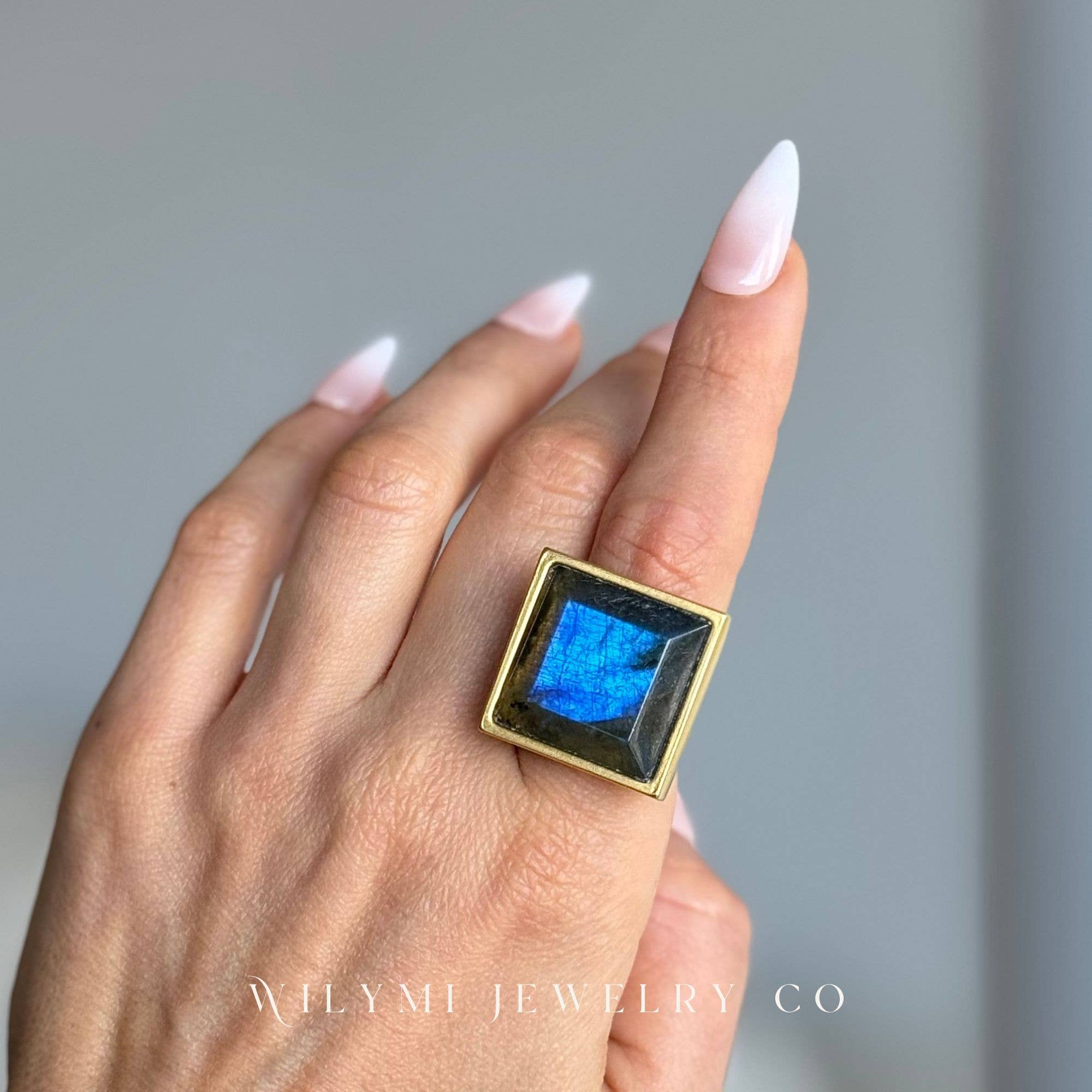WILYMI Jewelry Co - Wholesale Cocktail/Statement Ring - PRESENCE Labradorite 20mm Square Cut | 24k GF | Adjustable15