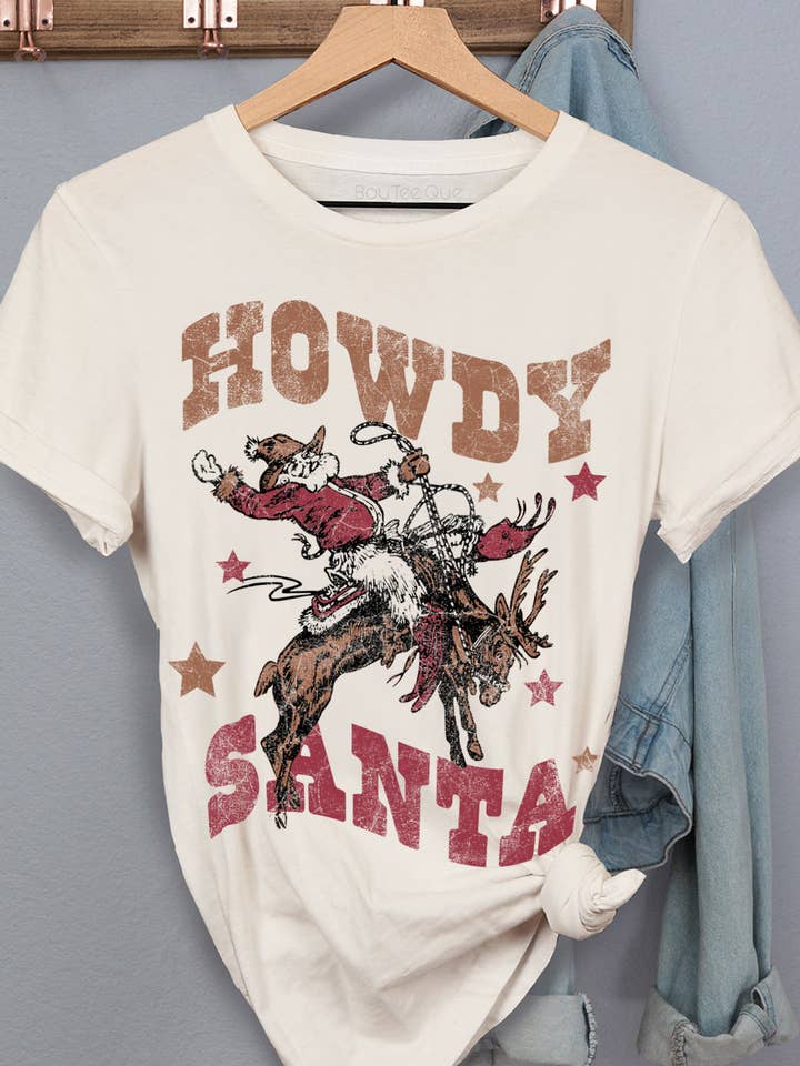 1214T - Jersey de algodón de corte holgado - Papá Noel Cowboy para venta al por mayor de BouTeeQue Closet
