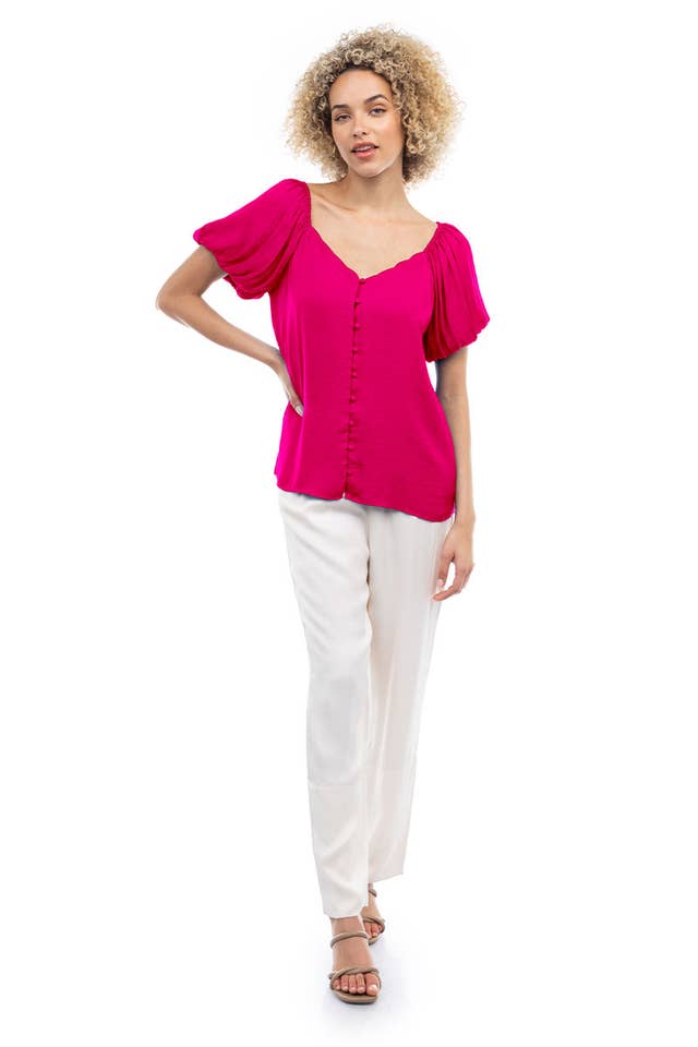 Naked Zebra - Wholesale Blouse - Women's - Scalloped Button Front Balloon Sleeve Blouse