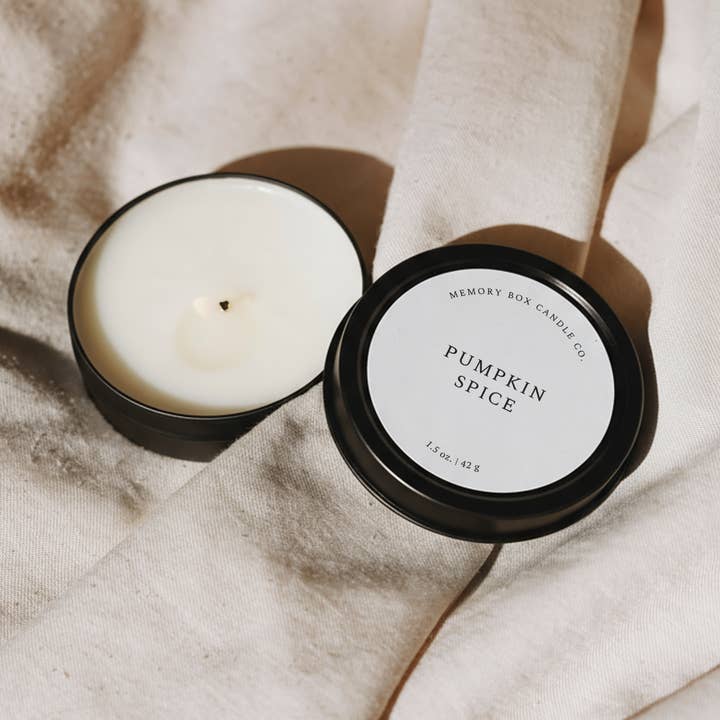 Soy Candle - Pumpkin Spice - 1.5 oz Black Travel Tin for wholesale by Memory Box Candle Co.