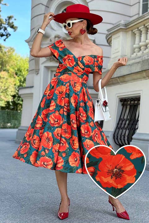 Robe Beverly Green croisée sur l'épaule avec coquelicots orange pour la vente par Dolly & Dotty
