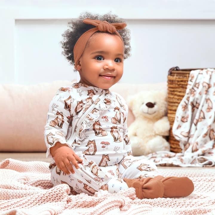 Harvest Fox Ruffle Zipper Romper – Soft Bamboo Fall Favorite for wholesale by Tesa Babe