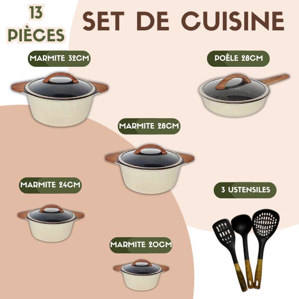 MT TRADE – wholesale Cookware set – 10-piece non-stick cookware set Cream Wood