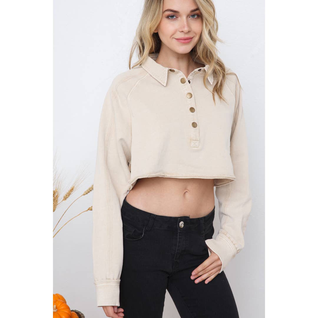 22048T - French Terry Washed Button Up Crop Sweatshirt for wholesale by Blue B