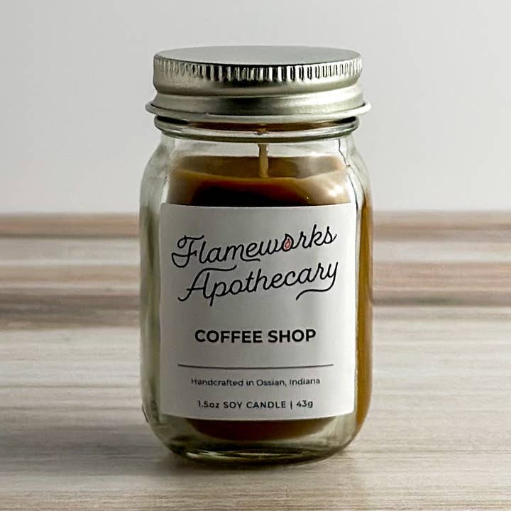 Flameworks Apothecary - Wholesale Jar/Filled Candle - Coffee Shop 1.5 oz Mini Mason Jar Candle0