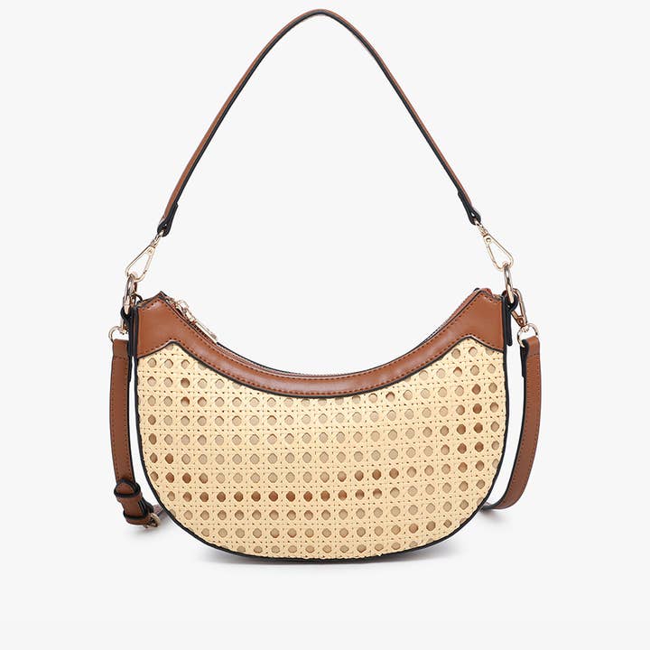 Jen & Co. - Wholesale Crossbody Bag - Women's - M2669 Daisy Half-Moon Rattan Crossbody w/ Vegan Leather Contrast