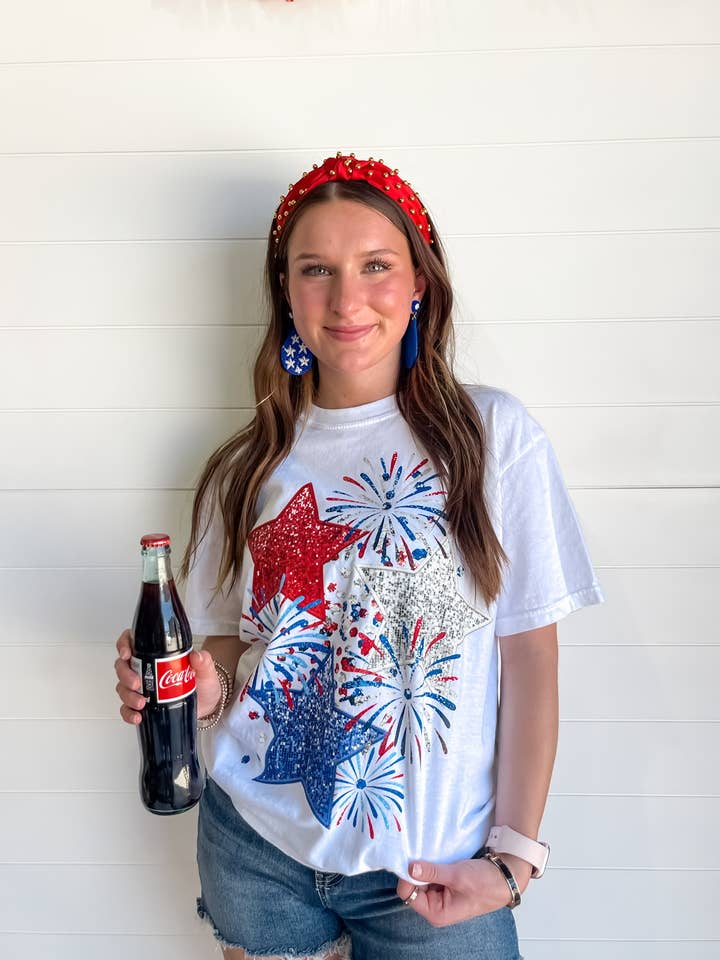 Faux Glitter Patriotic Fireworks Comfort Color Tee for wholesale by Lakely Claire Wholesale