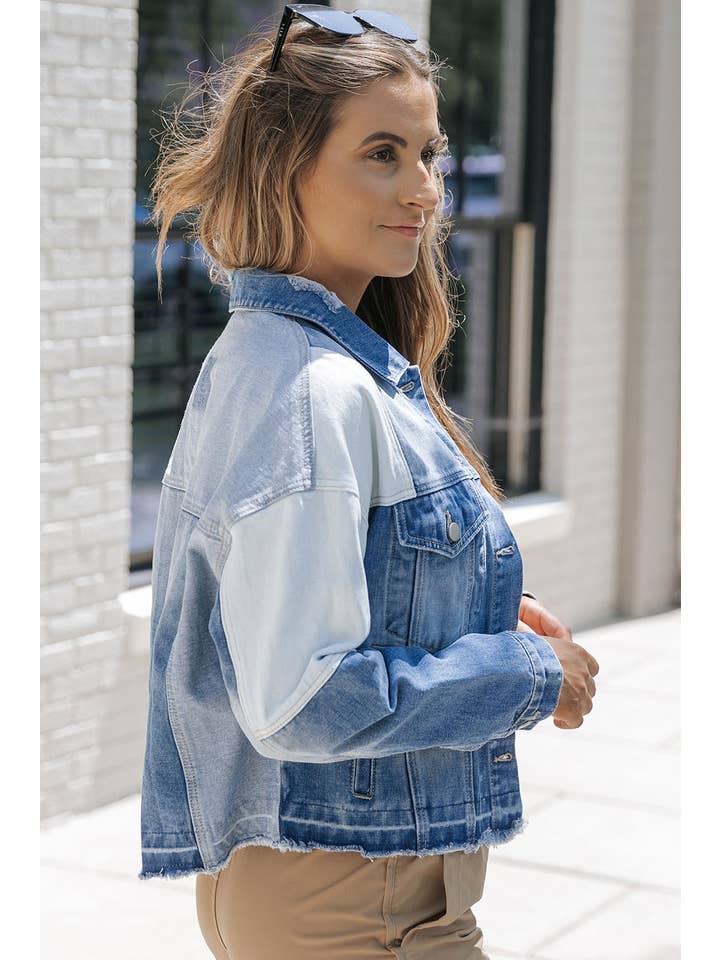 Sky Blue Color Block Denim Patchwork Frayed Hem Jacket for wholesale on Faire
